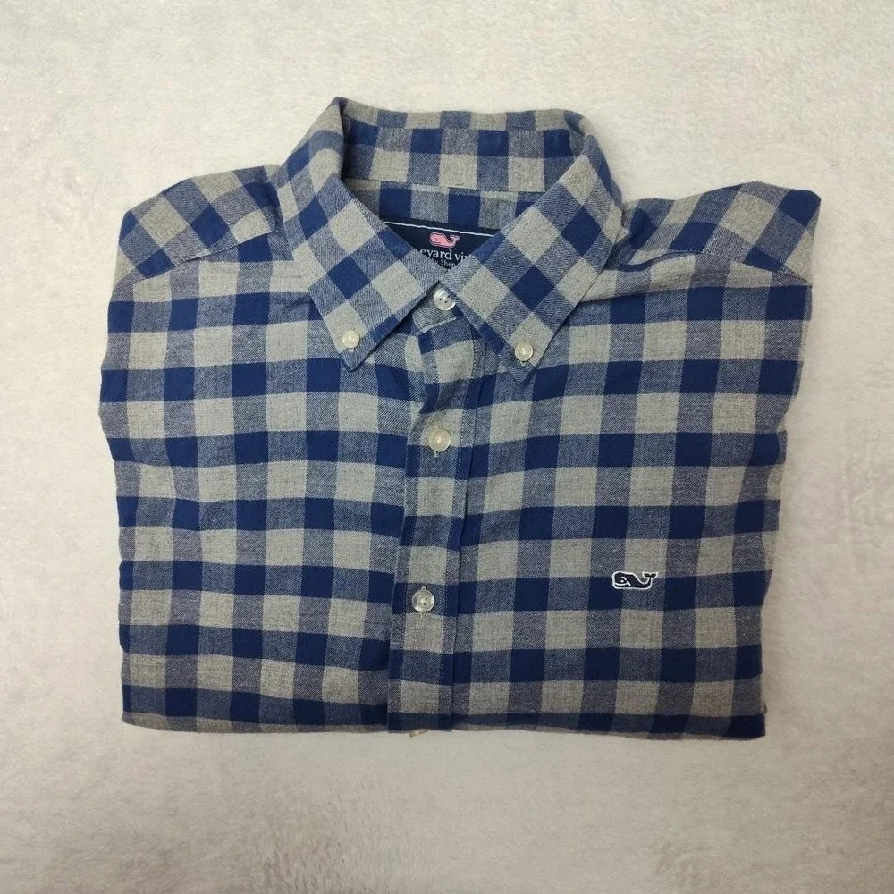 Vineyard Vines Shirt Mens Medium‎ Blue Check Flannel Slim Long Sleeve Button Up